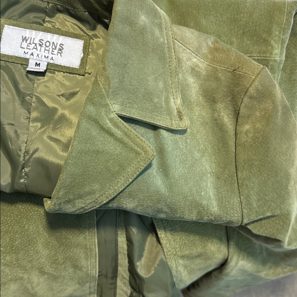 Wilsons Leather Soft Suede Vtg Avocado Green Pockets Lined Button Car Coat M - Picture 17 of 17